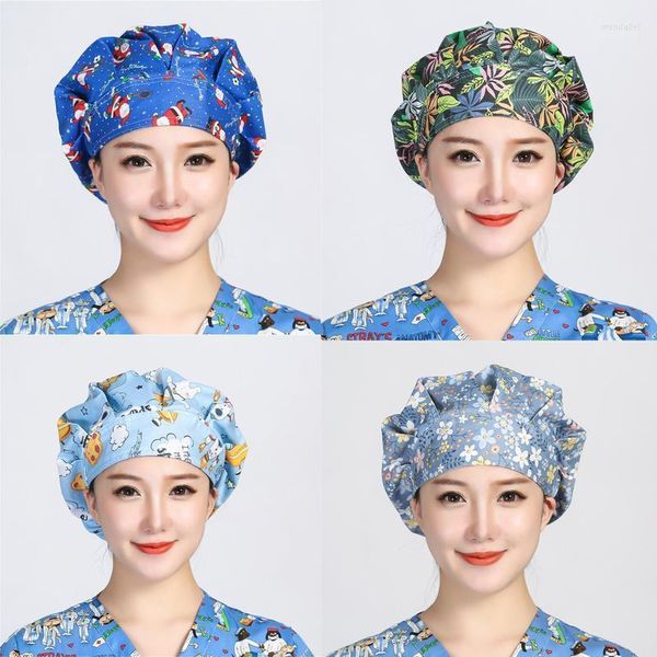 Beanies Bouffant Scrubs Hats Kadınlar Noel Çiçeği Baskılı Pamuk Ter Bandı Kapağı Yeniden Kullanılabilir Baş Kapak İşi Nefes Üretilebilir Scrub Caps1