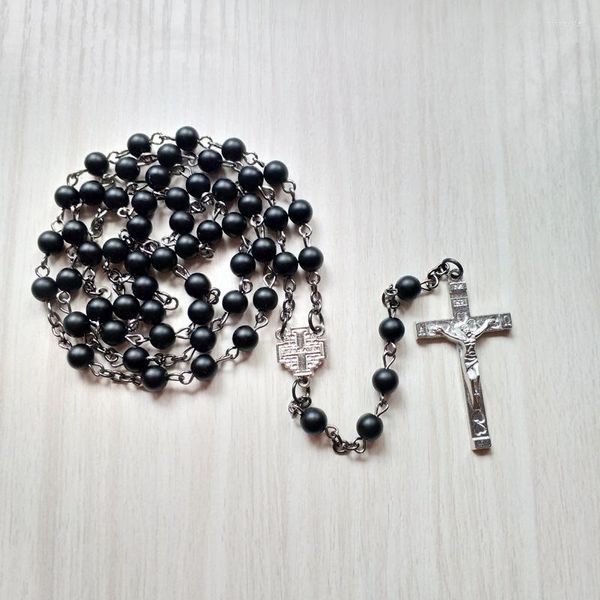 Подвесные ожерелья Qigo Религиозные ювелирные украшения длинные кросс -ожерелье Черное Розарий для женщин