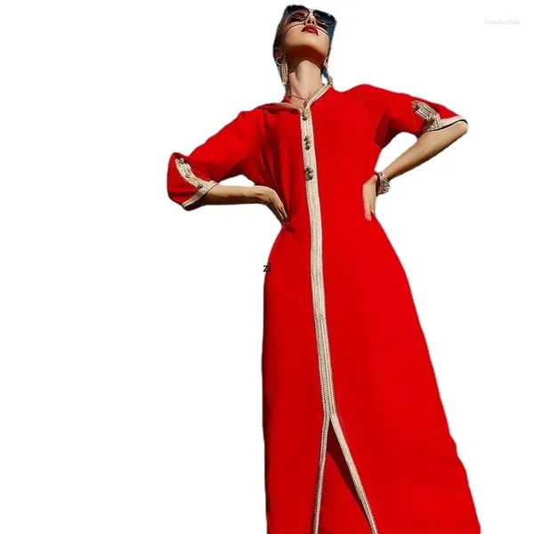 Roupas étnicas vestido maxi com capuz vermelho laranja para mulheres elegantes fitas de retalhos de fita do Oriente Médio Mulheres Árabes 2023