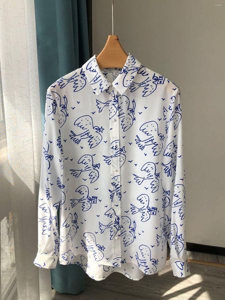 Camicette da donna Camicetta di seta elegante a maniche lunghe da donna Camicetta casual monopetto con stampa di uccelli scarabocchi disegnati a mano retrò