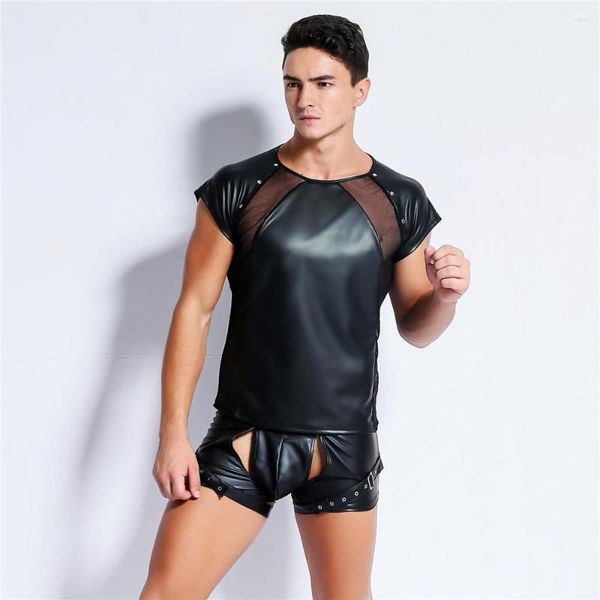 Мужские рубашки Mens Mens Wetlook Faux Leather с коротким рукавом O -шейка