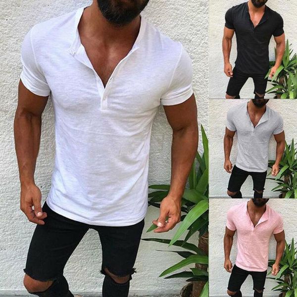 Erkekler Tişörtleri Moda V-Yok Kısa Üstler Pamuk Tee Few Slim Fit Sold Renk Sıradan T-Shirt Kas