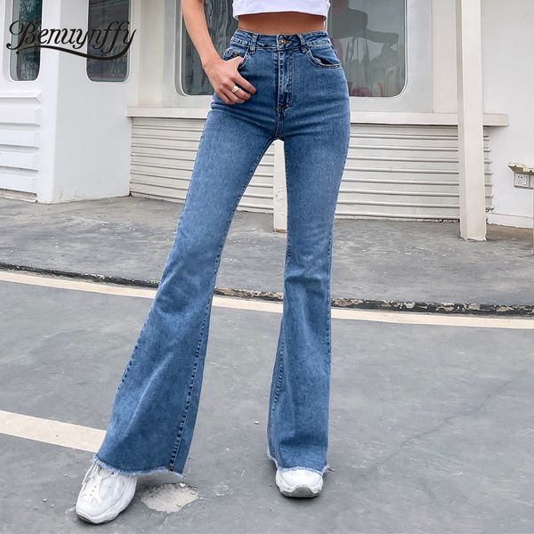 Женские джинсы Benuynffy, расклешенные на пуговицах с необработанным подолом, осенние модные женские джинсовые брюки, Jean Femme, облегающие брюки с высокой талией, полная длина 230322