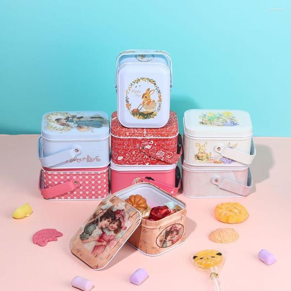 Confezione regalo 1pc Vintage piccola valigia scatola di latta tenuta in mano con coperchi Candy Can Auricolari Custodia per feste Confezione di biscotti