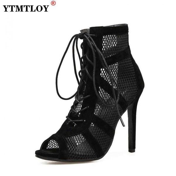 Sandali Nuova sfilata di moda Tessuto a rete nera Cinturino incrociato Sexy Sandali con tacco alto Scarpe da donna Décolleté Sandali con punta aperta con lacci Maglia casual 230322