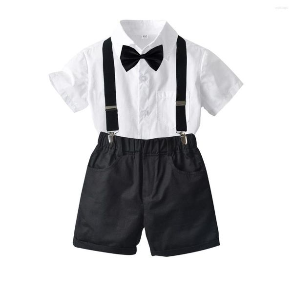 Kleidung Sets Sommer Junge Reine Weiße Kurzarm Fliege Hemd Schwarz Hosenträger Shorts Kinder Baby Casual Anzug KF1105