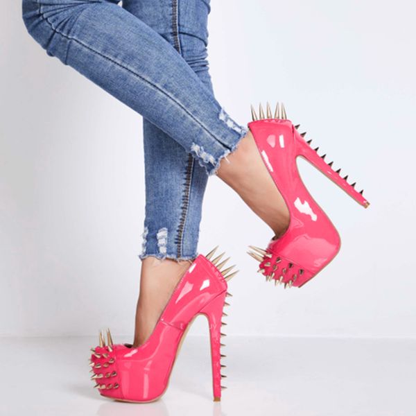 Olomm Handmade Women Pumps Sexy Rivets Stiletto Heel Pumps Round Toe Black Pink Fuchsia Night Club Shoes Women US Size 5-14