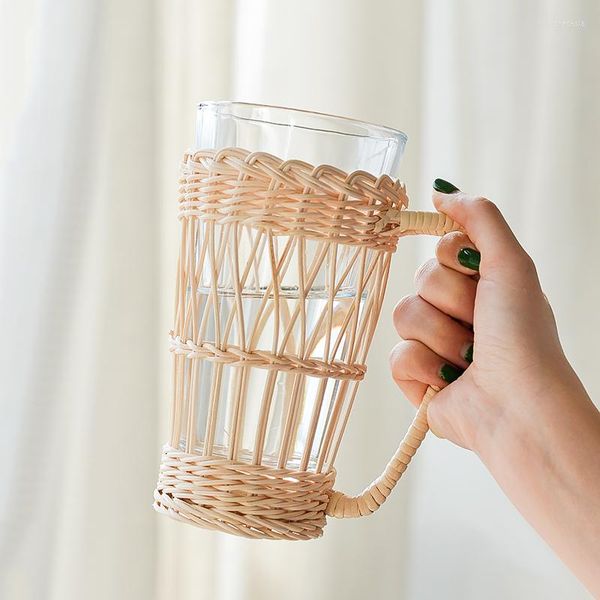 Weingläser 460 ml japanischer Stil Glas Wasserbecher mit Rattanbezug umweltfreundliche natürliche Isolierung Saft Kaffee Trinkgeschirr