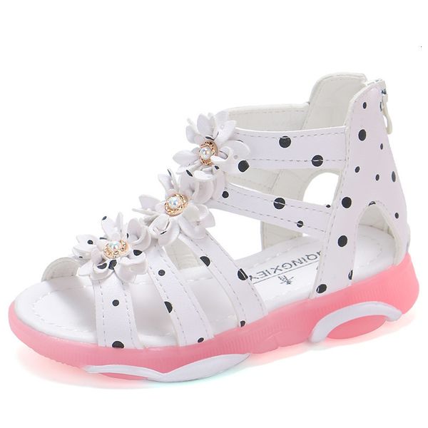 First Walkers Girls Sandals Flores Crianças Crianças Romanas Sapatos Gladiadores Couro macio com Dots Zipper Pearl Beading Criança 1 12 anos 230323