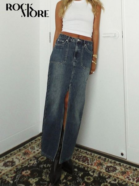Юбки Rockmore Streetwear Прямая длинная юбка Y2K Винтажная повседневная базовая джинсовая юбка-миди с высокой посадкой для женщин Корейский гранж 2023 230322