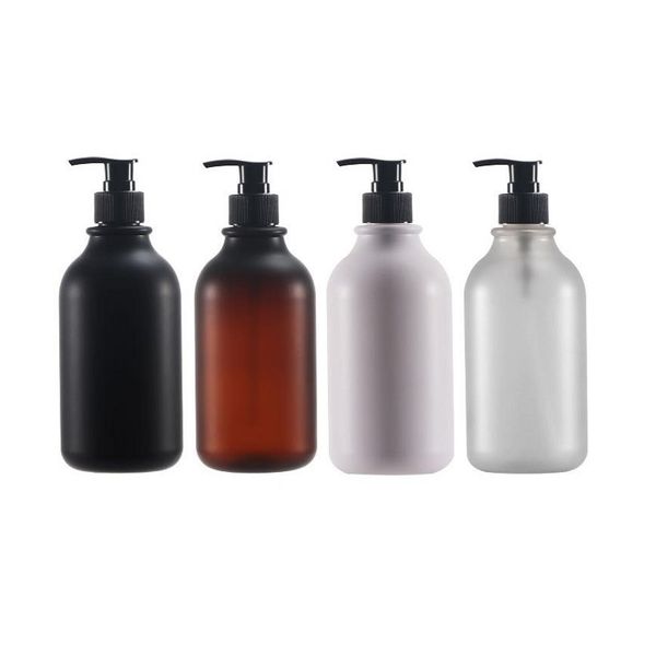 Bottiglia di plastica per pompa per lozione nera 300 ml 500 ml Spalla tonda PET Marrone Nero Bianco satinato Bottiglie per imballaggio Contenitore portatile ricaricabile