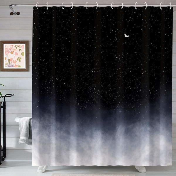 Cortinas de chuveiro Preto Curtain Stars e Lua Fantasia Galáxia Cortes do banheiro Night Night Starry Sky Shower Curtains Conjuntos de decoração de banheira 230323