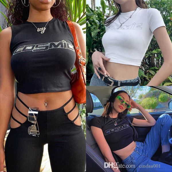 Camisa de verão feminina 2023 Roupas novas MOQ BOW MOQ Bling Bling Strassp Crop Top Designer Tee Shirt