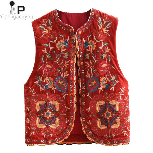 Gilet da donna Vintage autunno Ricamo floreale Paillettes Gilet da donna in velluto Cardigan senza maniche moda Capispalla da donna Gilet casual 230322