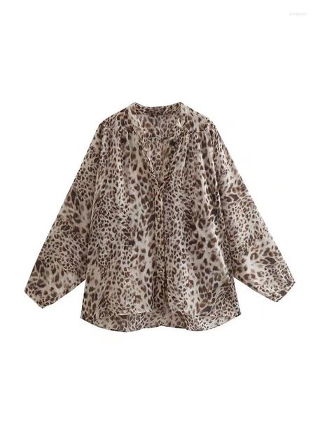 Blusas femininas yljhqx 2023 Spring Women Fashion Leopard Print camisa retrô de manga longa de caneca em vasos em V feminino chique feminino
