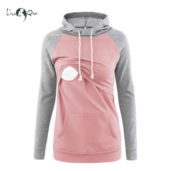 Maternità Tops Tees Liu Qu Womens Fleece Nursing Felpa con cappuccio Felpa con cappuccio Manica lunga Allattamento al seno Gravidanza Top Tasca a marsupio Vestiti 230322