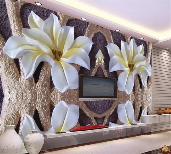 Tapeten 3D Relief Wandbild Magnolia Blumen Tapete für Wohnzimmer TV Hintergrund Moderne Malerei Dekorativ