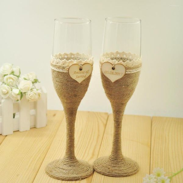 Bicchieri da vino 2 pezzi personalizzati per matrimoni, champagne, tostatura, flute, nomi personalizzati, data, tela, pizzo, regalo rustico