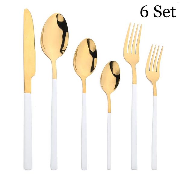 Стоимость столовой посуды 6SET Minenware Set Setre White Gold Fork Fork десертная чайная ложка. Ужин из нержавеющей стали для 6 пользователей.