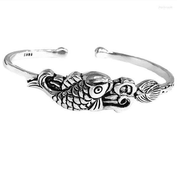 Bracciale rigido in argento tibetano stile 2023, design alla moda, retrò, braccialetto con carpa, fidanzate femminili, festa di compleanno, pesci rossi, tendenza aperta