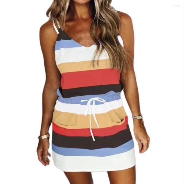 Повседневные платья Женщина платье с полосатым принтом спагетти ремешок v-образец летняя уличная одежда пляж женская женская одежда