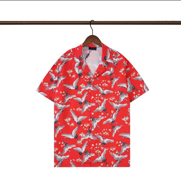 LUSSO Camicie firmate Moda uomo gru rossa Maglietta da bowling Camicie di seta casual floreali Hawaii Camicie da uomo a maniche corte slim fit
