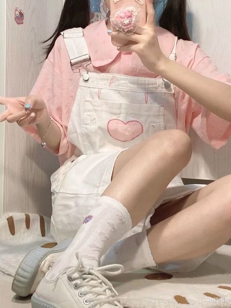 Zweiteilige Damenhose, Sommer-Kawaii-Anzug, Damen-Studentin, Koreanisch, locker, Japan, weiches Mädchen, süßes rosa Kurzarmhemd, Trägerhose, zweiteiliges Set für 230322