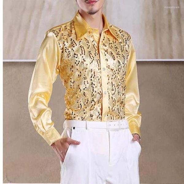 Camisas casuais masculinas brilhantes lantejoulas de ouro de manga longa Men 2023 Fashion Nightclub Party Stage Crore para Chemise Homme