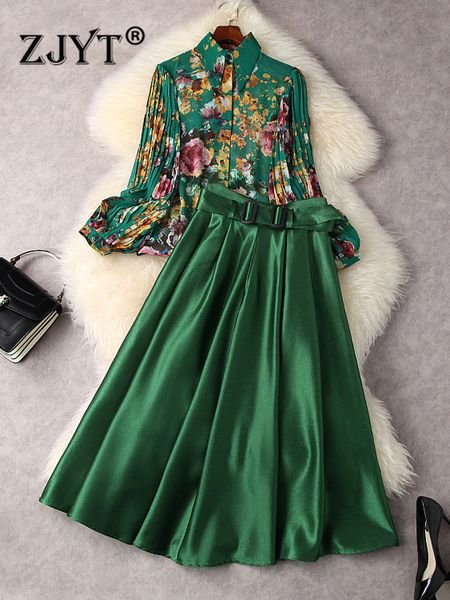 Vestido de duas peças ZJYT Designer Moda Lanterna Manga Imprimir Chiffon Blusa e Saia de Cintura Alta Conjunto Mulheres Verde Outfit 2 Peças Vestido Ternos Primavera 230323