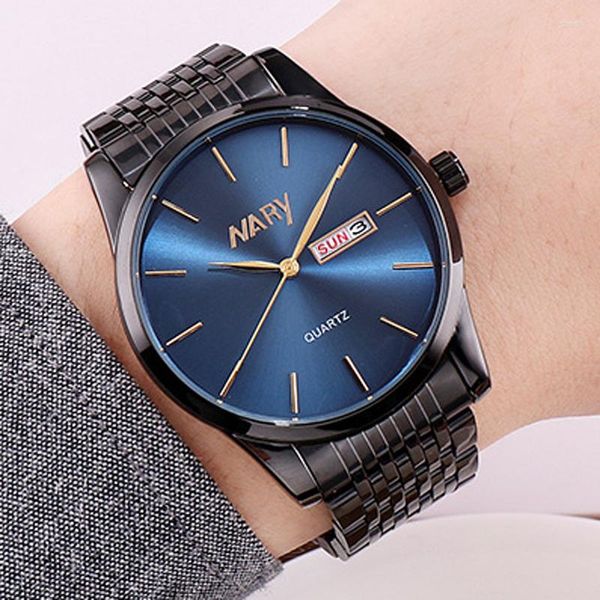 Нарученные часы nary brand watch men blue watch black full steel day quartz fashion business clock reloj hombre