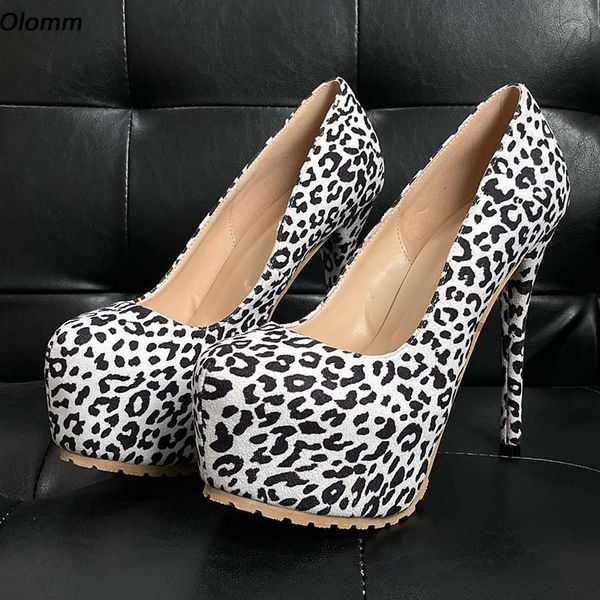 Olomm Handmade Women Spring Pumps Sexy Leopard Stiletto Heels Round Toe Beautiful White Dress Shoes Ladies US Size 5-20