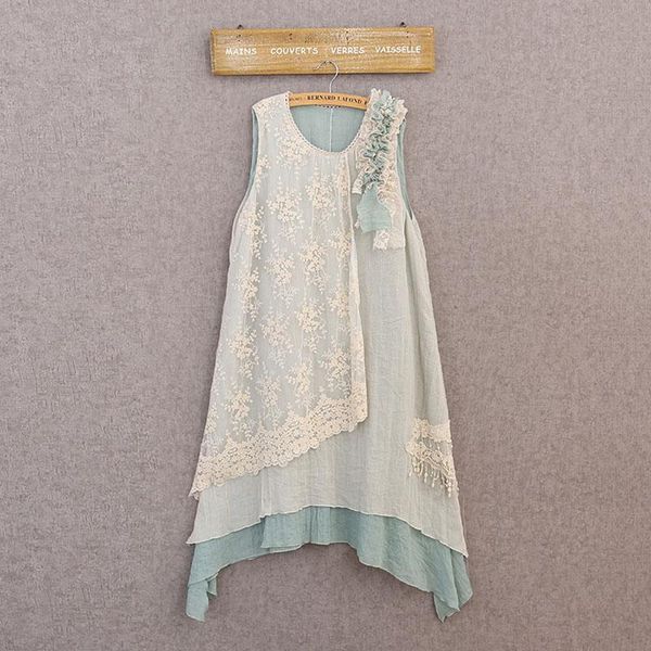 Abiti casual Summer Women Tank Dress Vintage Lace Mori Girl Appliques Sweet Sleeveless Floral Embroidery A127