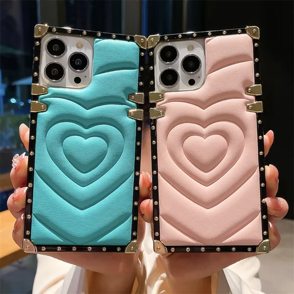 Luxo 3D Love Heart Phone Case para iPhone 14Plus 11 12 13 14 Pro Max X Xr Xsmax Couro Premium Square Chofsoof Tampa