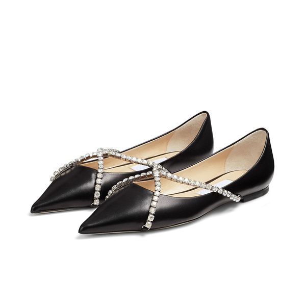 Модные женские сандалии Лондон Балет Женевская квартира Италия заостренная носка кросс-хрустальная лодыжка украшенная черная кожаная дизайнерские дизайнерские балерины.