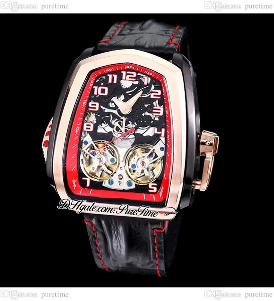 Twin Turbo JCFM05 Double Tourbillon Automatic Mens Watch Two Tone PVD Rose Gold Skeleton Dial Cinturino in pelle nera Red Line Super Sports Car Orologi Puretime B2