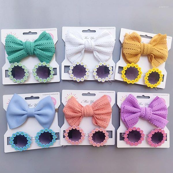 Bohemian Beach Sunglasses and Headband Set for Kids with Elastic Nylon and Puff Bow - Perfect hair bow tie for Seaside Sun Protection