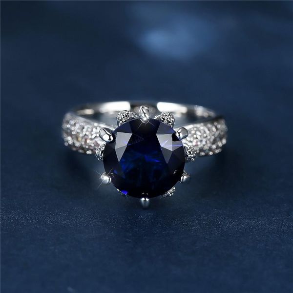 Eheringe Luxus weibliche Frau Big Blue Round Ring Charme Silber Farbe Liebe Engagement Kristall Zirkonstein für Frauenwedding