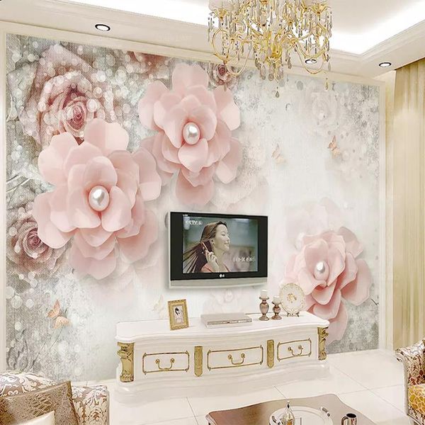Papéis de parede estilo europeu Beautiful Elegante Pérola Flor 3D Laege Mural Wallpaper Room Fresco Fresco de pano de parede de fundo
