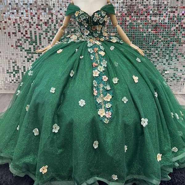 Scintillanti abiti da quinceanera abbigliamento da ballo abbigliamento da festa applique 3d fiore allaccia su abito di laurea quinceanera de 15 anos