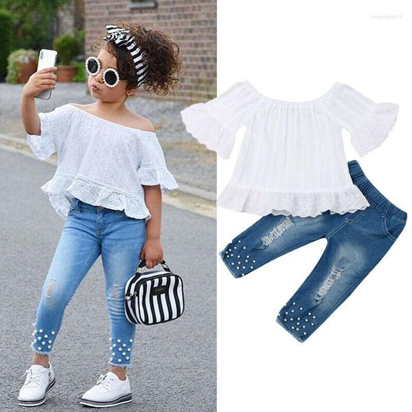 Set di abbigliamento citgeesummer bambini bambini bambini top t-shirt bianca in denim pantaloni lunghi jeans outfit set di moda