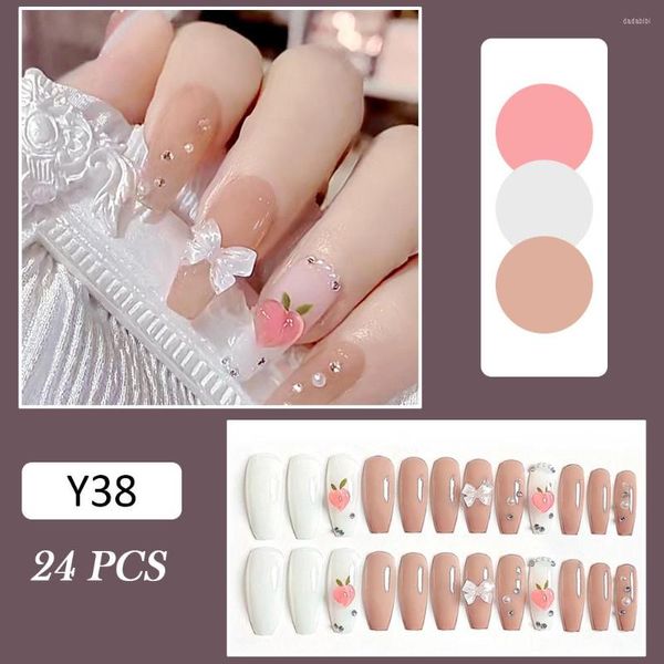 Yanlış Tırnaklar 24 PCCS Nazik şeftali deseni çivi Kadın Kiti Faux Ongle için Parlak Giyilebilir Sahte