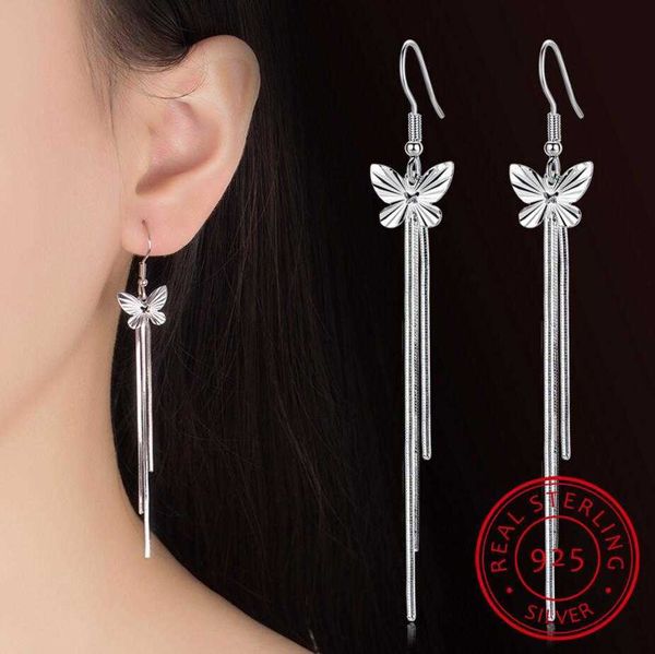 Jóias por atacado de charme Moda adorável para mulher Presente Fino Butterfly 925 Sterling Silver Long Tassel Brincos de queda YS219 Z0323