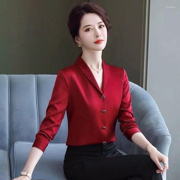 Kadınlar Blouses Kadın Gömlek Bluz Kadınlar 2023 Uzun Kollu Şifon Şarap Kırmızı Top Blusas Mujer