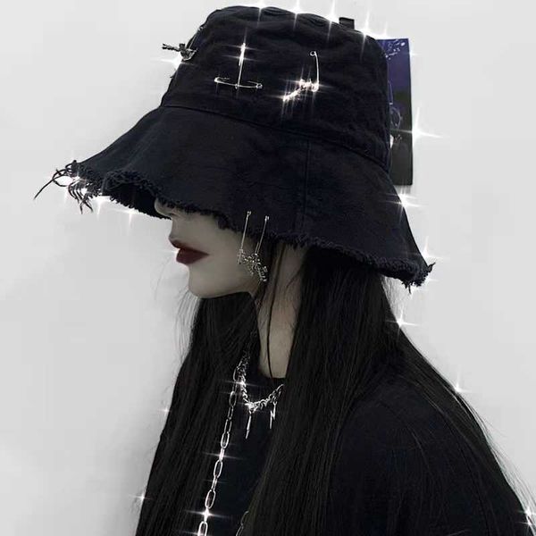 Chapéus de Aba Larga Preto Harajuku Mall Chapéu Goth Feminino Homens Menina Punk Emo Escuro Acadêmico Estética Cruz Brim Caps Fairy Grunge Hat Bucket Alternative G230323