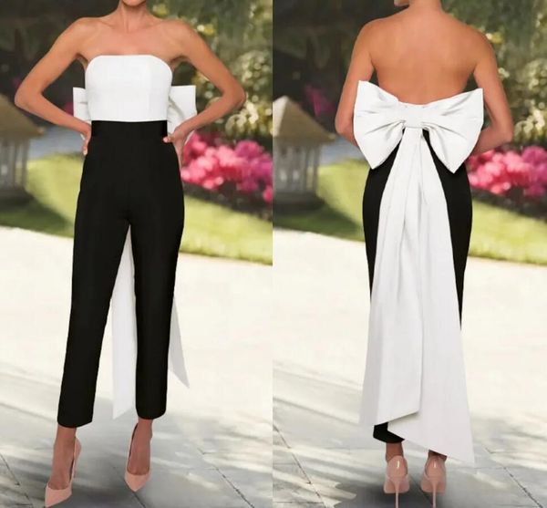 Tute da donna Abiti da ballo 2023 Lunghezza caviglia senza spalline con fiocco Abiti da sera da sera Pantalone nero bianco Robe De Soiree