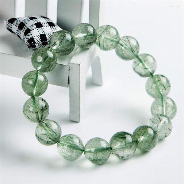 Bracciale elasticizzato con perline rotonde in cristallo di quarzo rutilato, filo da 13 mm, capelli verdi naturali brasiliani