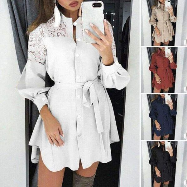 Casual Kleider 2023 Frühling Frauen Sexy Mode Spitze Langarm V-ausschnitt Einfarbig Verband Kleid Hemd Stil