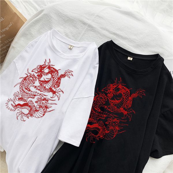 Damen T-Shirt T-Shirt Harajuku Y2K Street Tops Dragon Gothic Mythos Print Kurzarm Kleidung Plus Size Lose Übergroß 230322