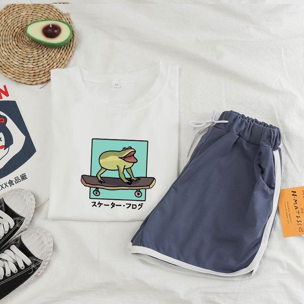 Indumenti da notte da donna Pigiama Set Carino per le donne Camicia da notte coreana Ulzzang Ragazze Taglie forti Set pigiama Rana Skateboard Grafica T-shirt e pantaloncini