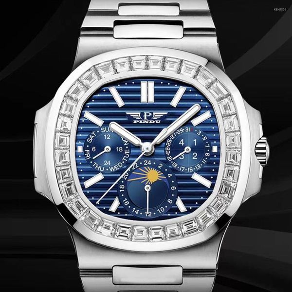 Orologi da polso Top Brand Orologio automatico da uomo Luxury Self Winding Meccanico Quadrato Diamante Luminoso Fasi lunari Orologi Uomo PINDU